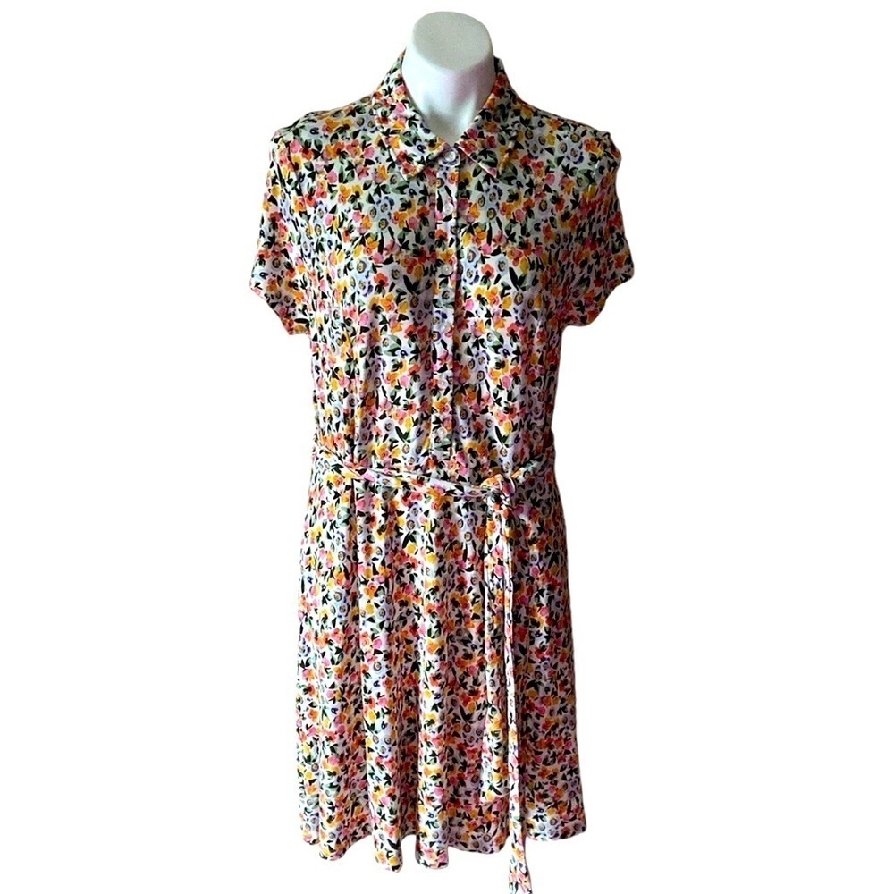 Isaac Mizrahi Pink Floral Belted Short Sleeve Shirt Dress Church Modest Size L - Picture 1 of 6